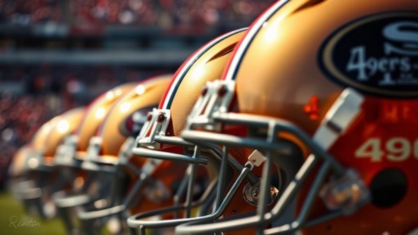 Gleaming San Francisco 49ers helmets with 'Roster Moves' text.