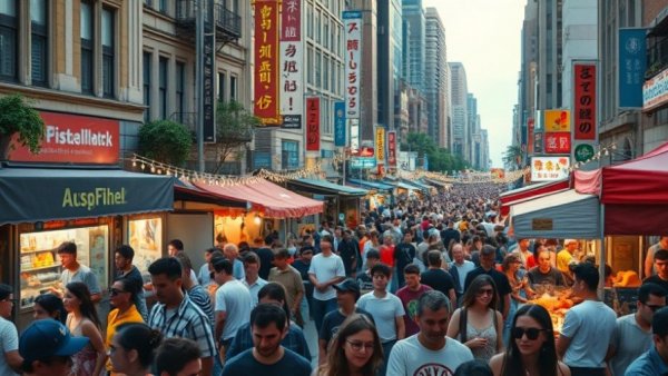 Street festival in bustling downtown, crowd enjoying activities.
