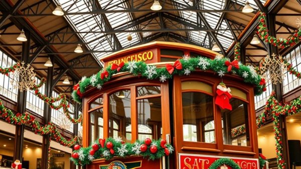 San Francisco cable car holiday decorations within building.