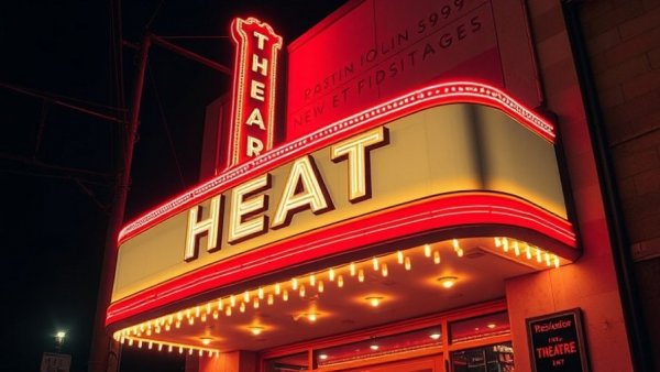Restored Vogue Theater Neon Sign glowing at night against dark sky.
