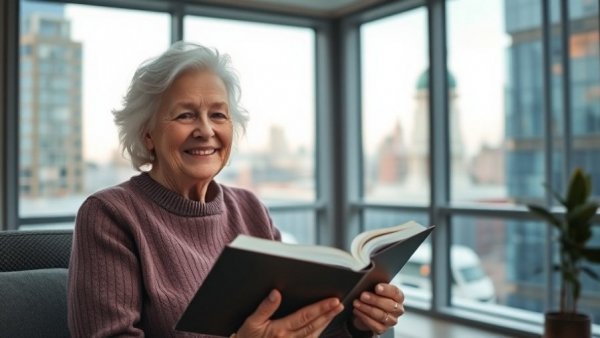 Elderly woman holding a book in a modern apartment with a city view.