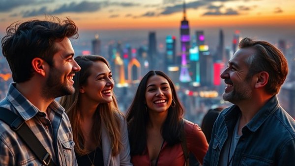 Futuristic city backdrop at a Zootopia 2 interview.