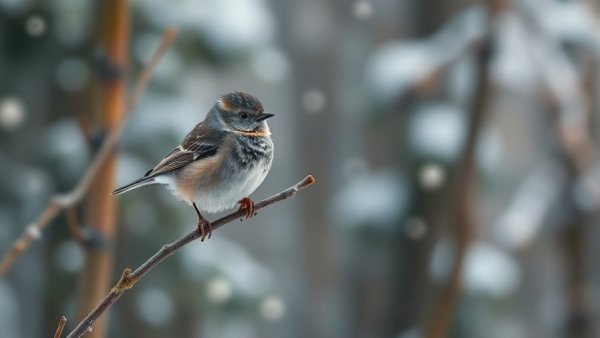 Speckled bird perched on branch in snowy landscape, serene winter scene.