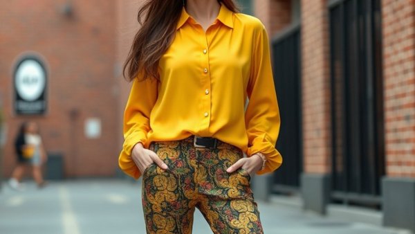 Stylish outfit for dinner party patterns, woman in yellow blouse.