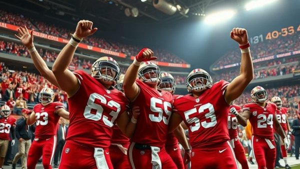 49ers victory over Panthers celebration with cheering fans.