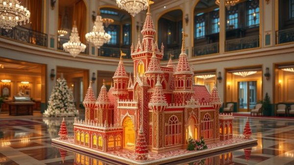 Intricate Sugar Castle display admired during 20th Anniversary in San Francisco.