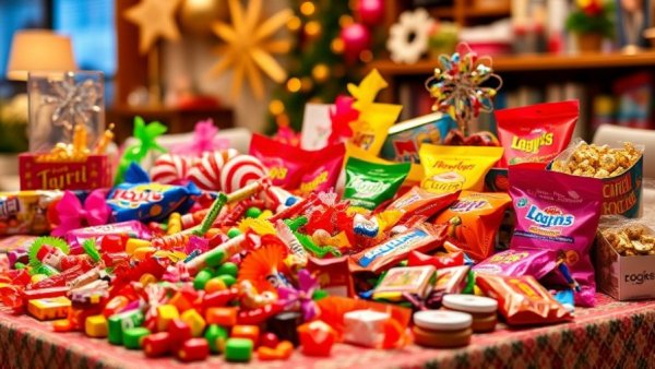 Colorful assortment of sweets and snacks on a festive table.