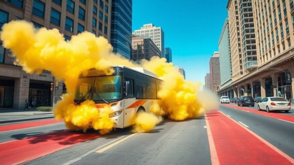Urban scene with bus and smoke near Civic Center BART station reopening.