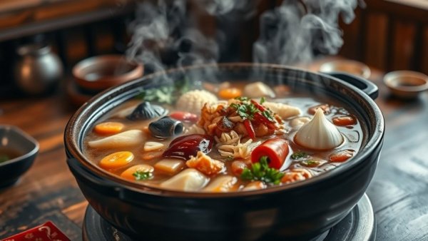 Vibrant Japanese hot pot with fresh ingredients in a textured pot.