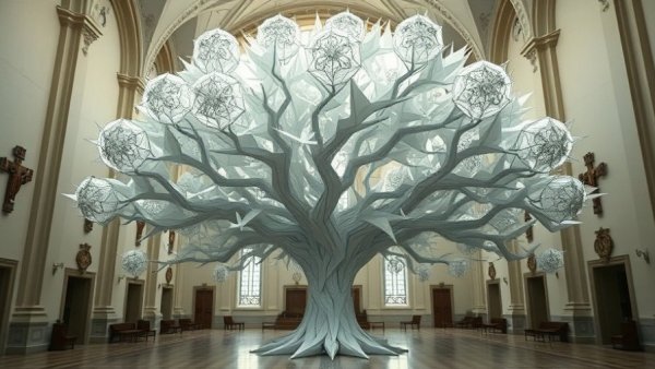 World's Largest Origami Tree in a cathedral-like setting.