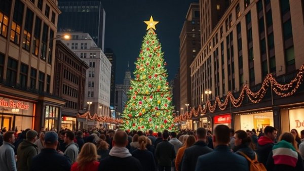 SF’s 2025 Macy’s Union Square Great Christmas Tree illuminating the night.