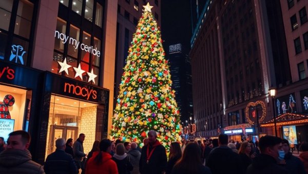 Macy's Great Christmas Tree San Francisco at night, vibrant crowd, festive lights.