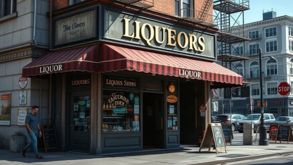 City street view with Tenderloin liquor store frontage and pedestrian.