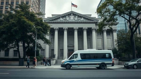 Government building facade with security vehicle, ICE Detention Conditions