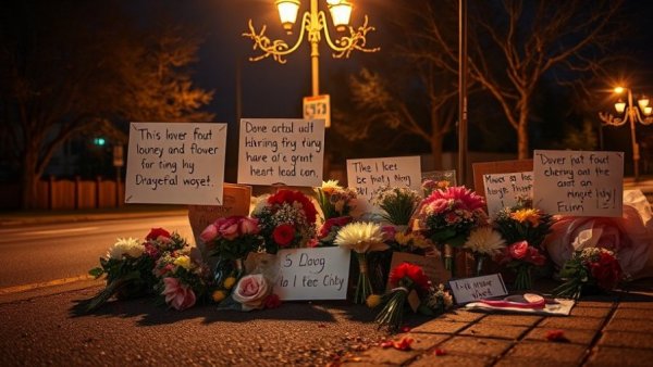 Heartfelt Piedmont Cybertruck crash memorial with flowers and signs.
