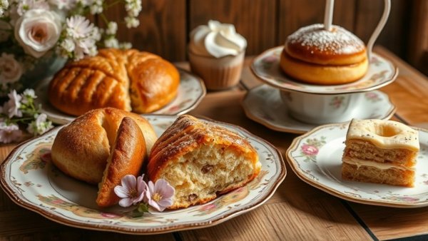 Elegant pastry spread on floral plates with flowers, Designer Sales Season Fashion.
