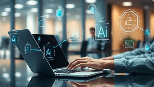 Person using laptop with generative AI tools overlay.