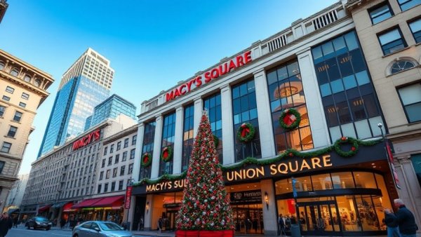Macy's Union Square holiday festive decor with wreaths and tree.