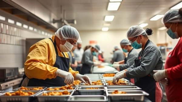 Volunteers in San Francisco preparing Thanksgiving meals.