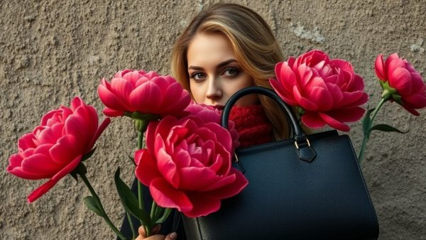 Stylish woman with red flowers and handbag; Best Black Friday Sales 2025.