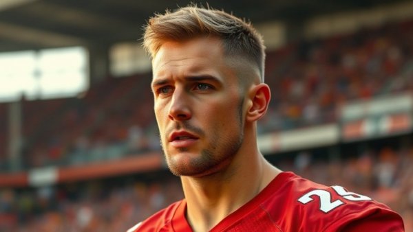 49ers Injury Report: Focused athlete in team jersey at stadium.