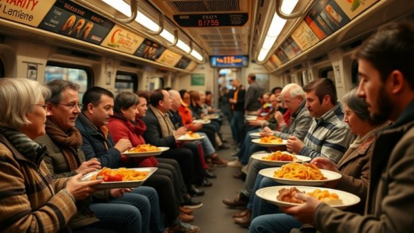 Thanksgiving feast on a crowded BART train, food trays and people.