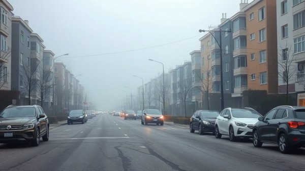 Overcast view of 19th Avenue in need of repaving with cars and buildings.