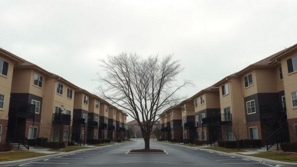 Novato Coast Guard housing complex with bare tree, cloudy sky.