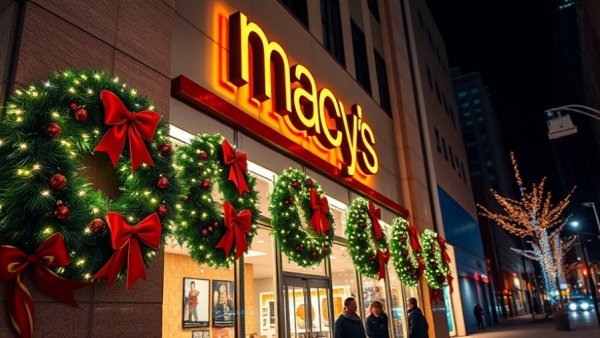 Festive Macy's store exterior in San Francisco at night with vibrant decorations.