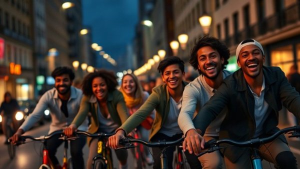 San Francisco Critical Mass cyclists riding joyfully at night.