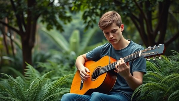 Young man playing guitar in a lush garden, San Francisco District 4 Supervisor scene.