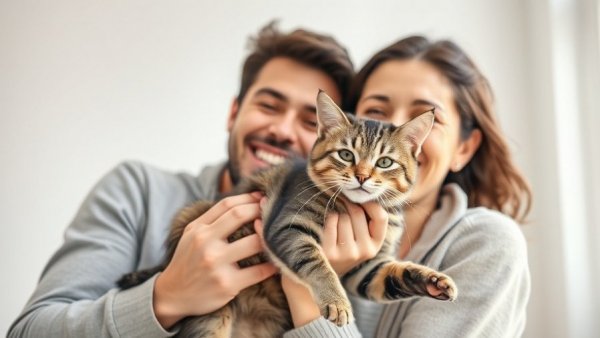 Happy couple reunited with missing tabby cat using microchip technology.
