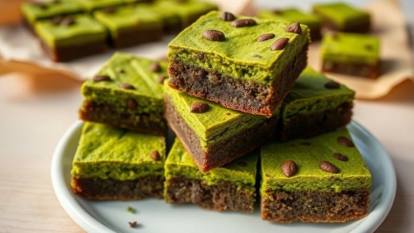 Vibrant matcha brownies stacked on a plate, close-up.
