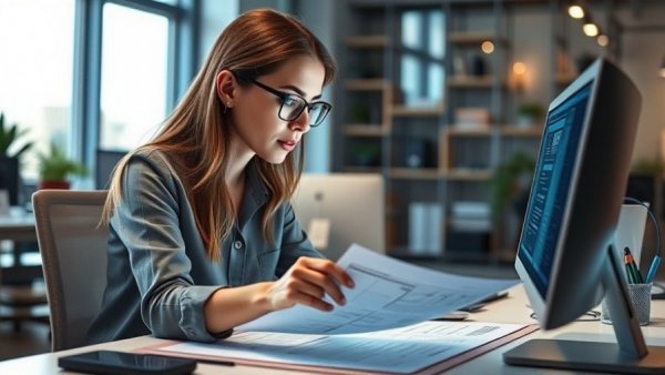 Female professional reviewing wireframes in a tech office.