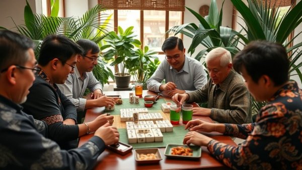 Group playing Mahjong with drinks in San Francisco, lively setting.