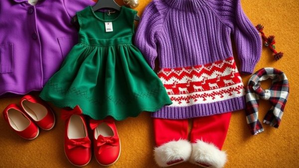 Colorful kids holiday dressing with coat, shoes, and festive outfits.