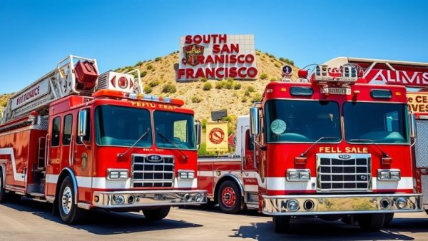 South San Francisco fire trucks on standby during clear sky.