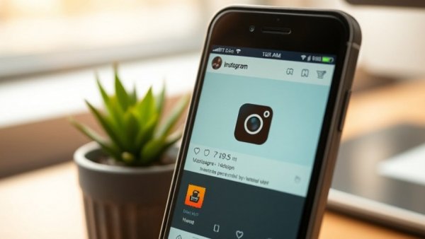 Smartphone displaying Instagram app beside plant pot on desk.