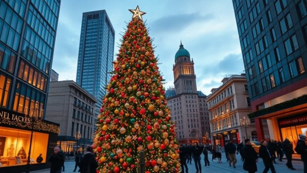Lively Christmas tree at Bay Area holiday event in city center.