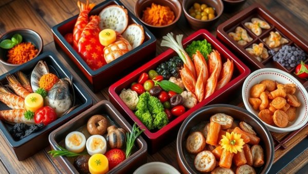 Colorful Osechi Ryori Japanese New Year food arranged in lacquered boxes.