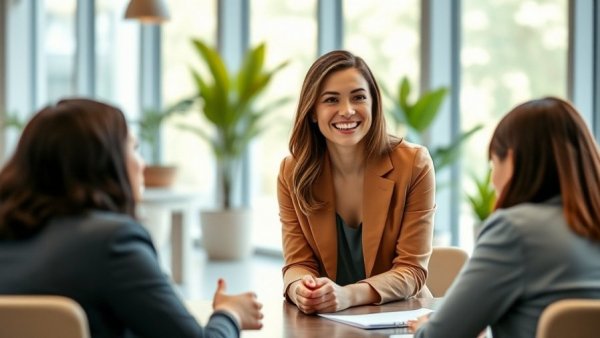 Professional woman smiling during an office interview interaction.