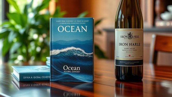 'Ocean: A Global Odyssey' book and Iron Horse wine bottle on wooden table, wineries that give back.