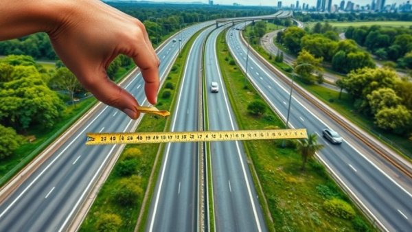 Aerial highway view with measuring tape, reducing road space.