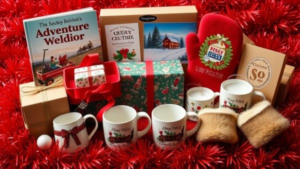 Assorted gift ideas for him and kids, festive and colorful.