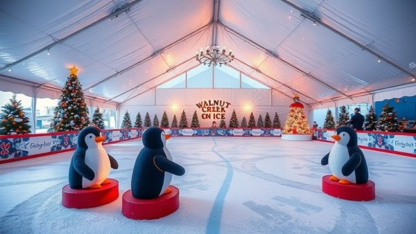 Festive Walnut Creek on Ice rink setup with penguins.