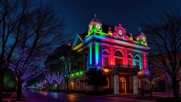 Vibrantly lit historic building at night with festive lights.