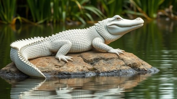 Claude the Albino Alligator resting on a rock in his habitat