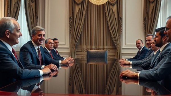 Putin feigning interest in peace during a formal meeting, polished setting.