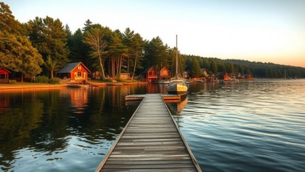 Tranquil boat shack at Nick's Cove with a long pier at sunset.
