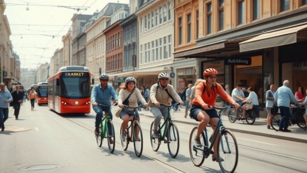 Cyclists on car-free Market Street with a tram in view.